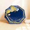 Golden Hexagon Frame with Blue and Yellow Flowers Auto Open Close Umbrella,Portable Tri Fold Design,8 Bone Iron Frame Outdoor Umbrella,