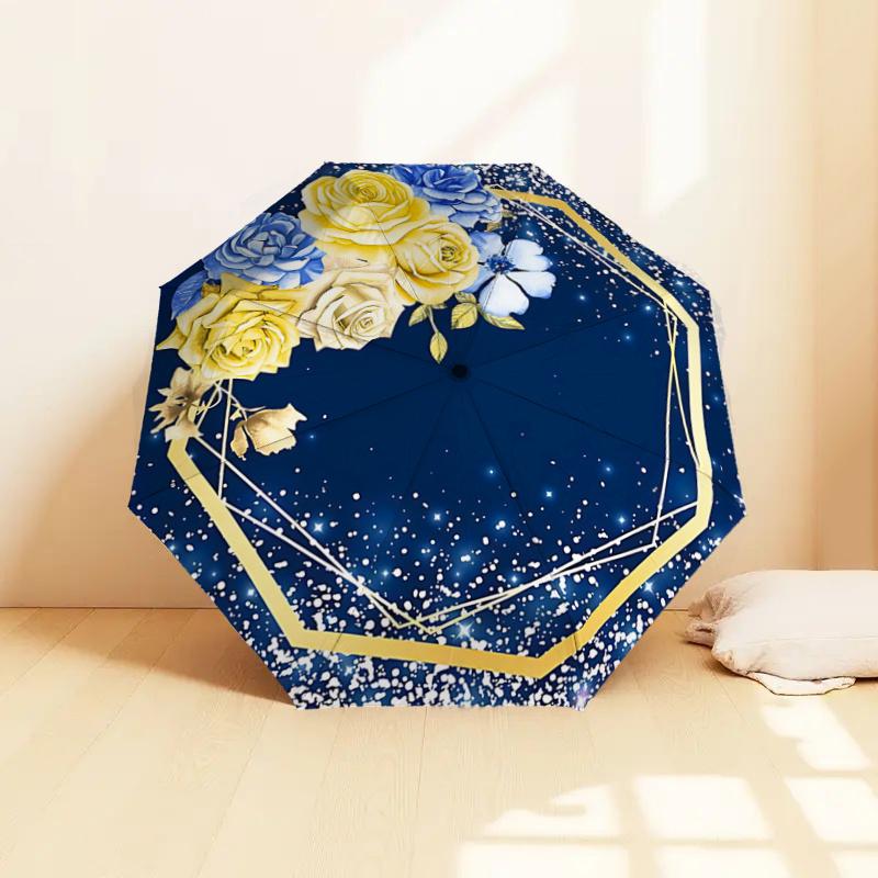 Golden Hexagon Frame with Blue and Yellow Flowers Auto Open Close Umbrella,Portable Tri Fold Design,8 Bone Iron Frame Outdoor Umbrella,