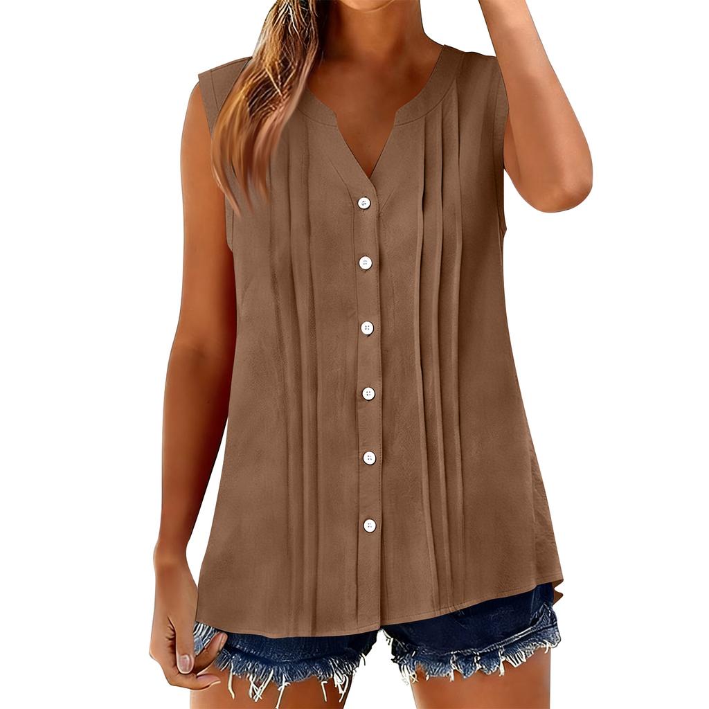 Женские безрукавные топы Хлопок Лен Рубашки на пуговицах V-образный вырез Плиссированные Повседневные Свободные рукава Рубашка