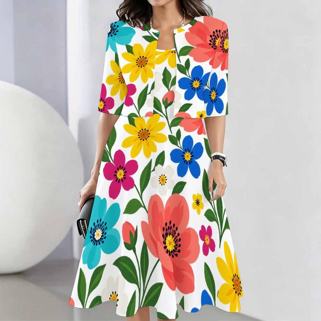 Women Plus Size Two Piece Set Round Neck Sleeveless Flared Dress Short Sleeve Cropped Cardigan Printed Floral Leaf