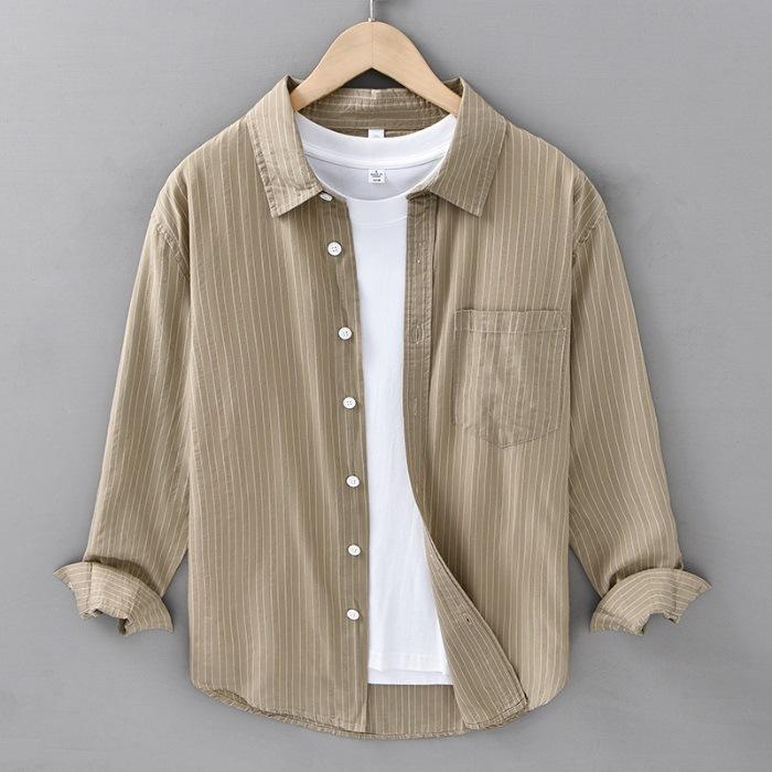 Весенняя мужская полосатая рубашка из чистого хлопка, красивая свободная рубашка с длинным рукавом, литературная и универсальная повседневная блузка