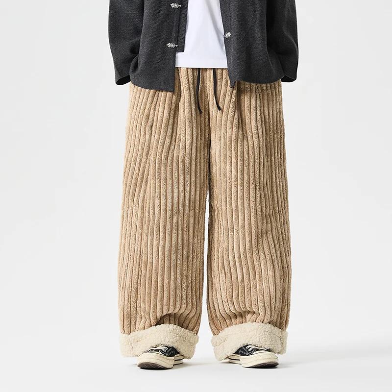 Men Corduroy Casual Fleece Pants Winter Men Cotton-Padded Trousers Man Thick Warm Wide Leg Straight Pants Male Leisure Pants