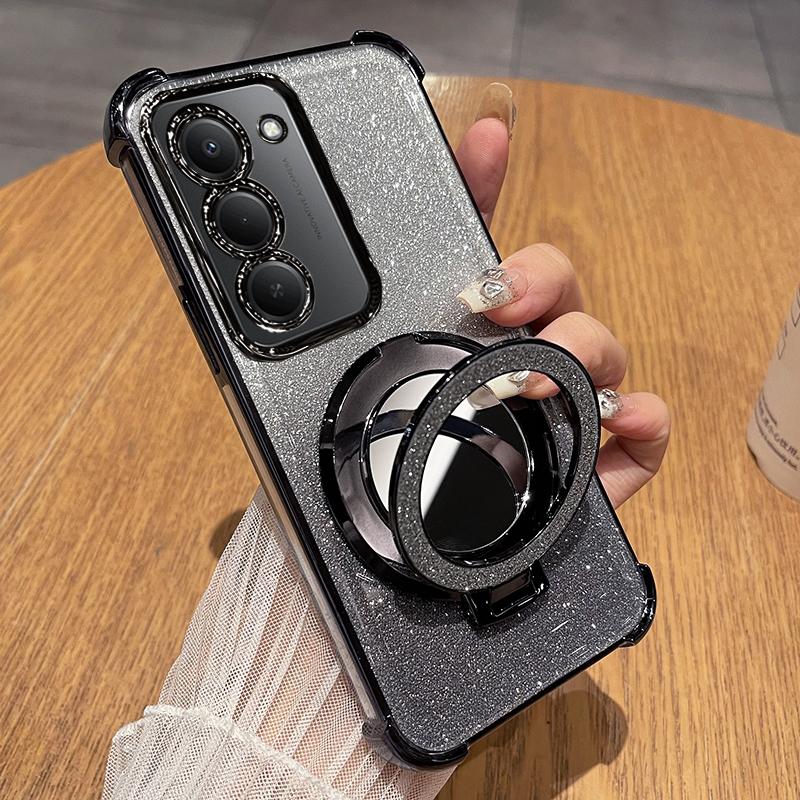 Ударопрочный чехол с блестками «Четыре угла» для Redmi 15 5G 15C 14C, силиконовый чехол с магнитным держателем-зеркалом для Redmi Note 14S 14pro +
