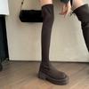 Модные новые осенне-зимние сапоги на толстой подошве выше колена, эластичные сапоги на толстом каблуке, длинные сапоги из замши и платформы для женщин