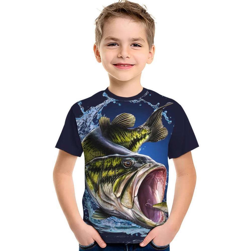 Boys' short-sleeved T-shirt with a round neck and a 3D summer fish print