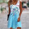 Summer Sleeveless Flower Print Fashion Dress O Neck Loose Casual Simple Floral Elegant A-line Short Party Dresses Sweet Woman Clothing