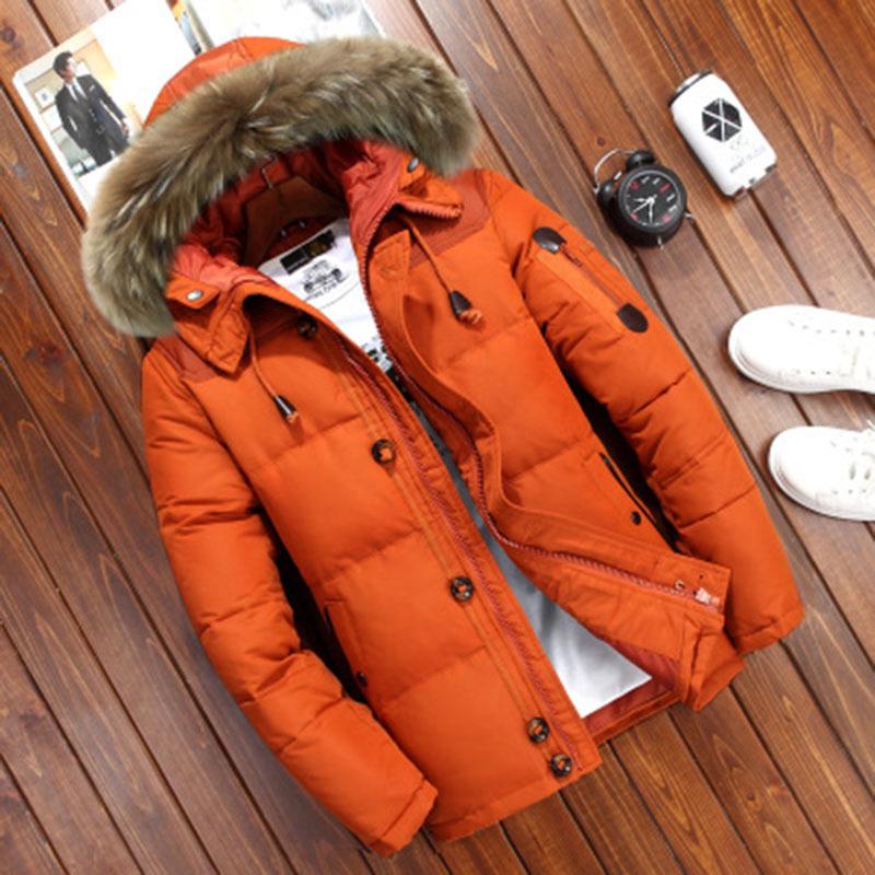 Winter Down Coat Men's Button Zipper Design Fur Collar Hooded Down Jacket Thick Warm White Duck Down Coat Parka Brand Men Clothing