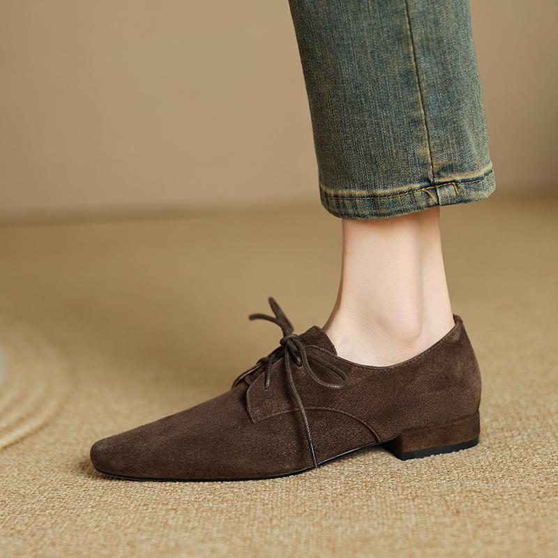 Fashion 2025 New Hot Sale Low Heel Lace Up Genuine Leather Sheep Suede Pumps Women Daily Walk Flats Young Girls Casual Autumn Shoes