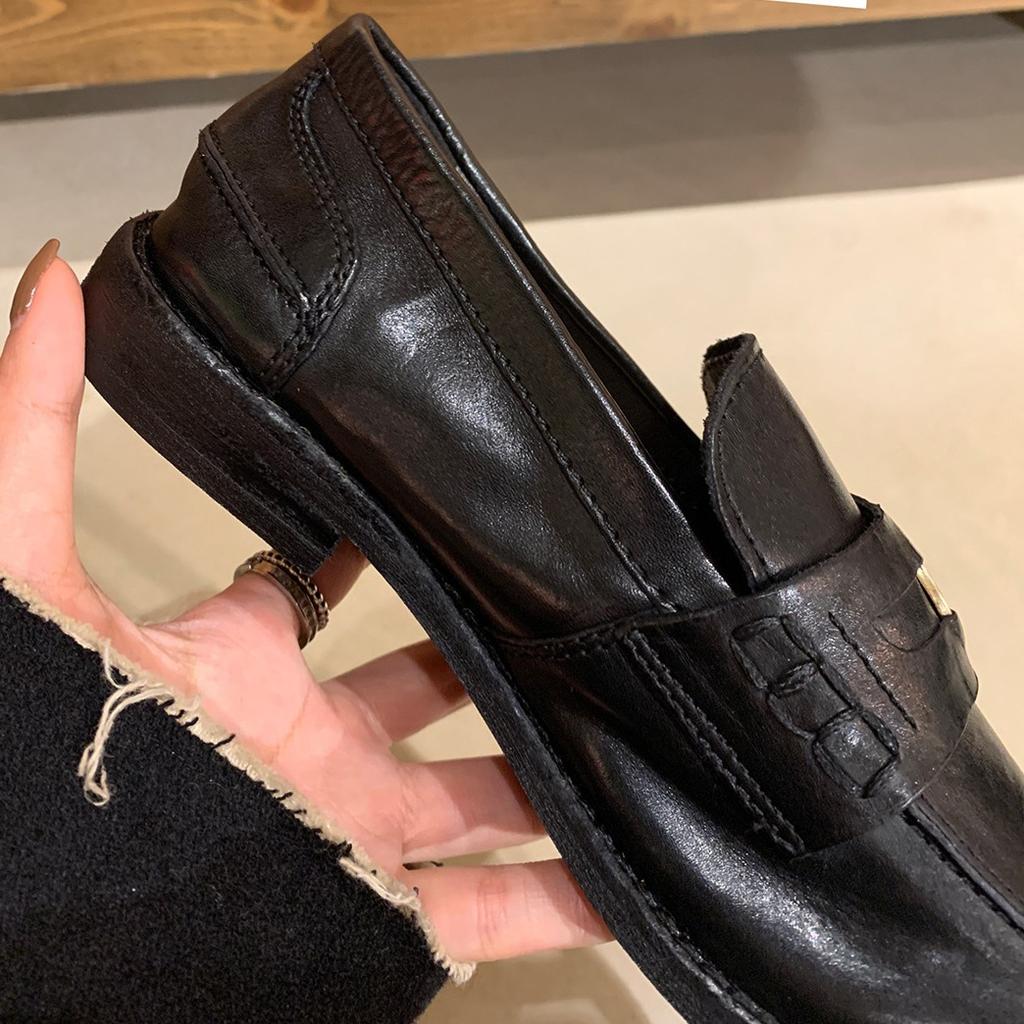 Premium Shrinkage Horse Leather Retro Single Shoes Polished Gold Coin Loafers Women'S Small Leather Shoes