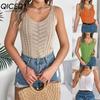 Spring and Summer Casual Solid Color V-neck Cut-out Top Vacation Knitted Sweater Women's Wear