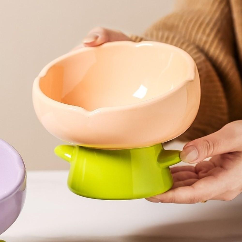 Simple Large-mouthed Ceramic Cat Bowl Flower Shaped Non-slip Anti-tipping Bowl Raised Design High Foot Bowl For Cats Dogs