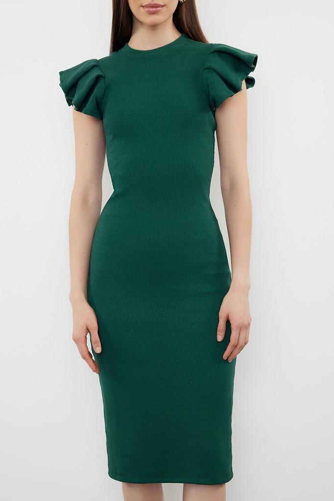 Women's Style Dress Green Ribbed Sleeves Flounce Midi Knitted Dress
