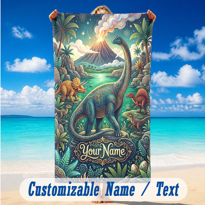 Dinosaur Theme Beach Towel Personalized Custom Name & Text Soft Quick Dry Beach Towel for Swimming Travel