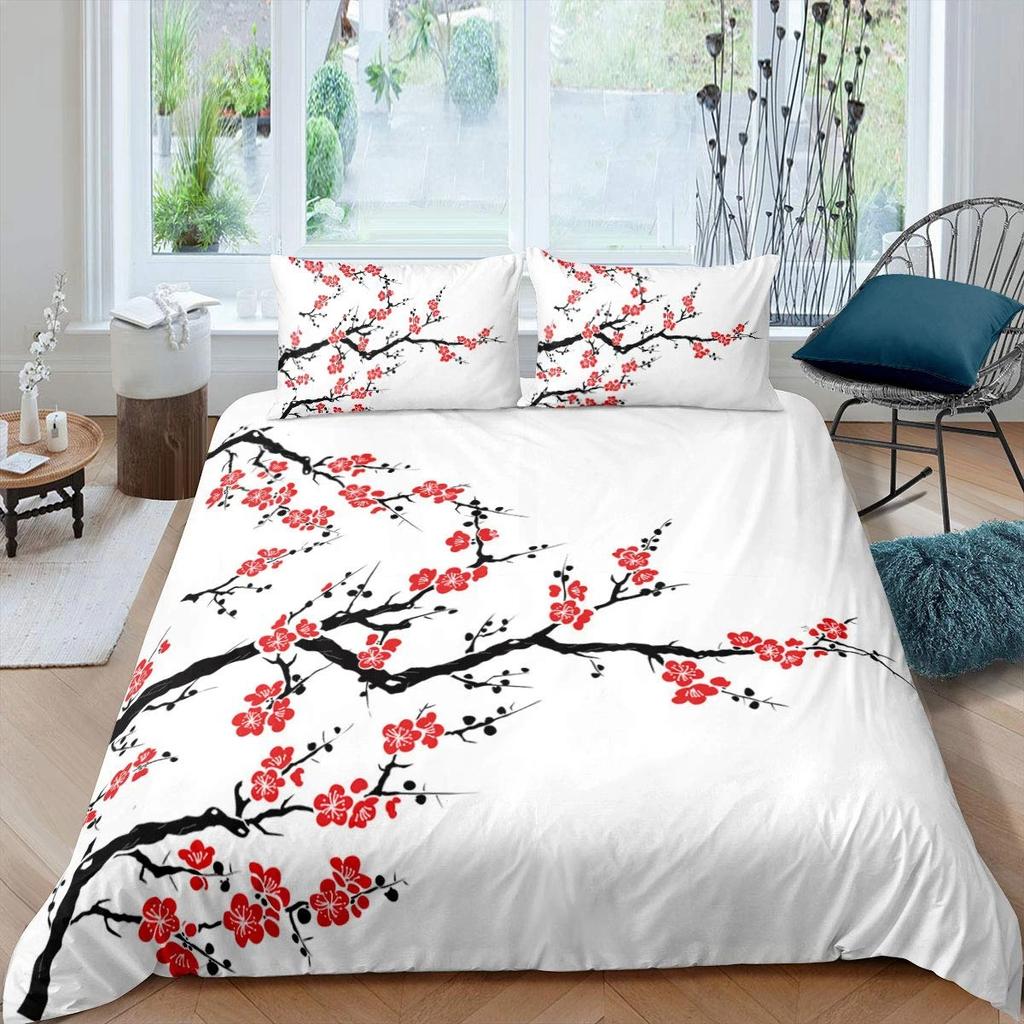 Plum Blossom Duvet Cover Set Red Flower Floral Comforter Cover For Girls Teens Microfiber Butterfly Branches Printed Bedding Set