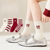Ladies Spring and Autumn Striped Festive New Year Bow Big Red Medium Tube Pile Pile Cotton Socks