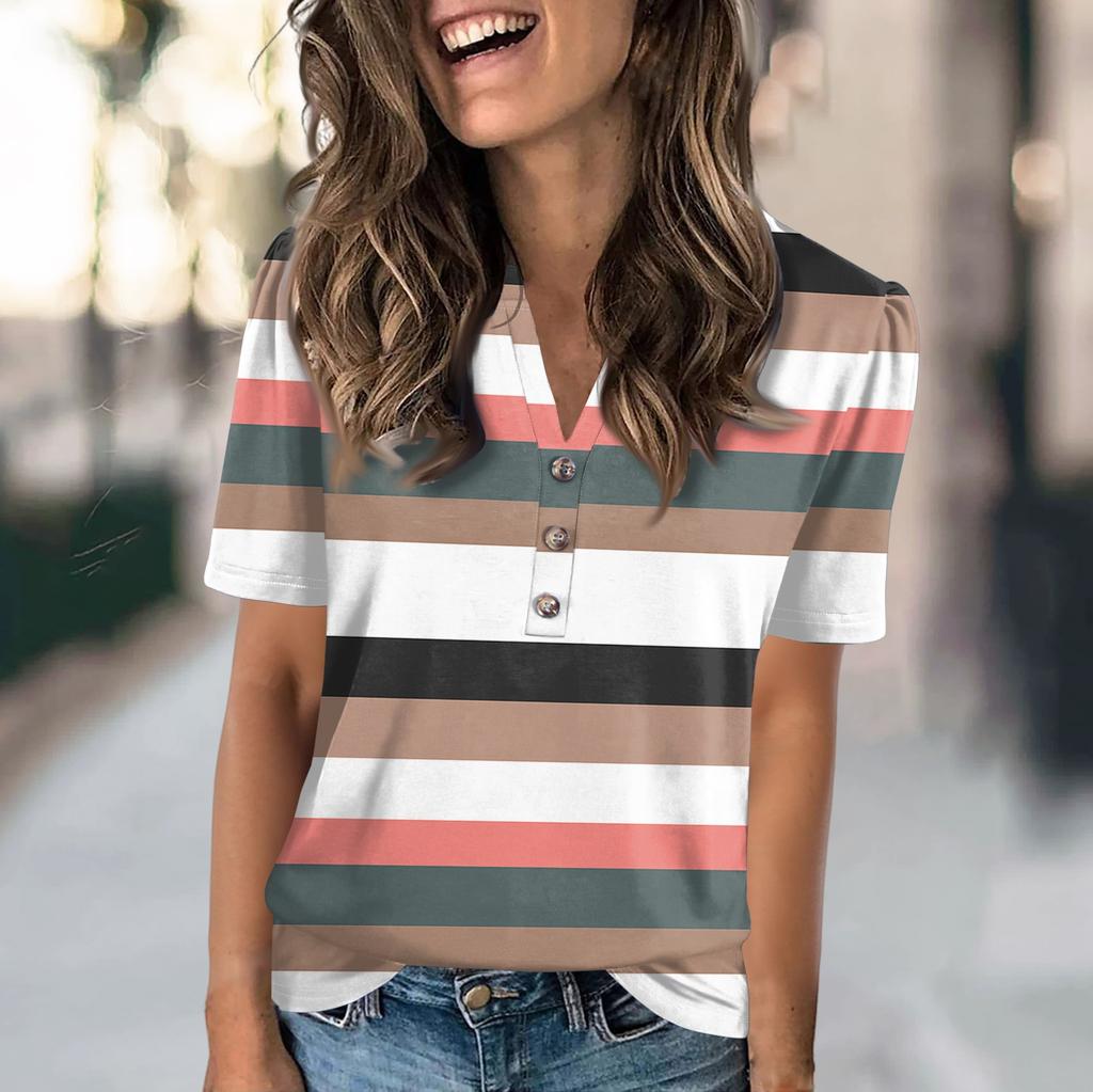 Женская модная повседневная футболка с полосатым принтом и V-образным вырезом, коротким рукавом, на пуговицах