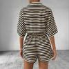 Летний женский комбинезон в полоску контрастного цвета со шнуровкой и эластичным поясом, цельный комбинезон с короткими рукавами и отложным воротником, полуоднобортный короткий комбинезон