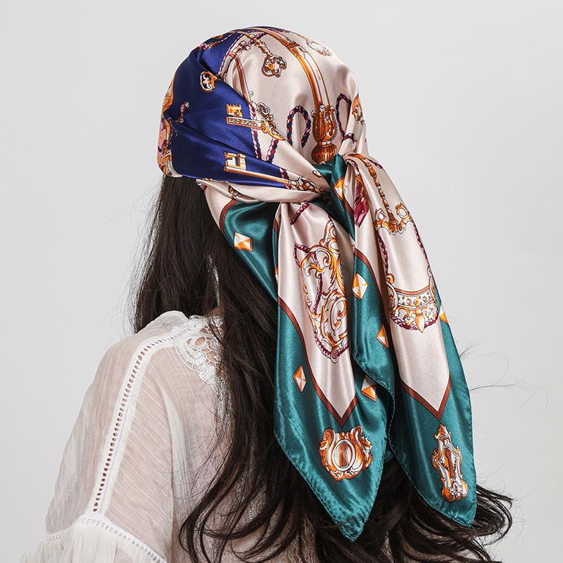 Luxury Brand 90cm Square Silk Scarf Women Shawls Wraps Hijab Scarves Print Kerchief Femme Head Scarf Foulard Bandana Beach Pareo
