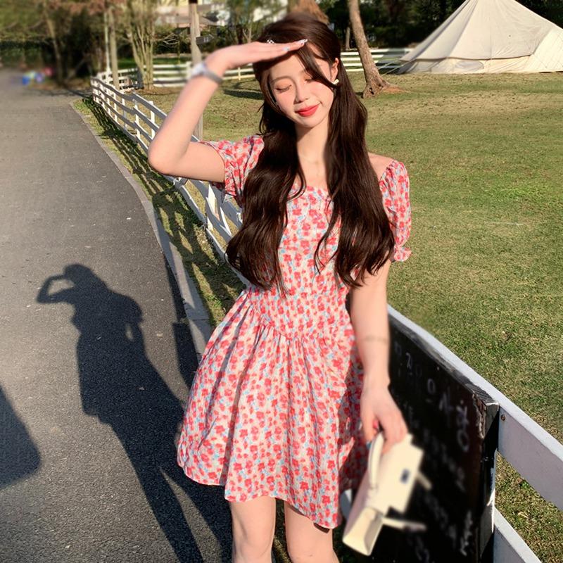 Летнее женское платье с цветочным принтом, шифоновые платья с пышными рукавами и квадратным воротником, с высокой талией