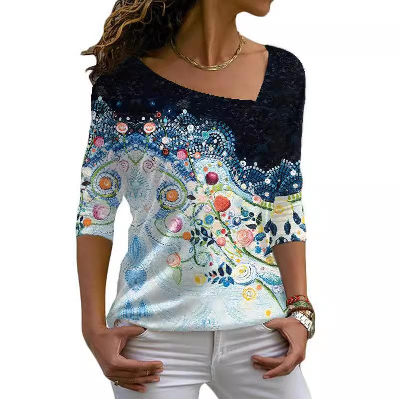 Футболки с косым воротником, длинный рукав, цифровая модная принтованная косая горловина, женская повседневная футболка для женщин