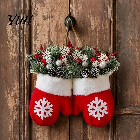 Pine Cone Berry Wreath Christmas Mitten/Stocking Wreath, Decorative Artificial with Berries Cones, Gift for Home Branches, Holiday Hanging Decoration