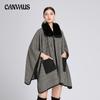 Winter Women's Shawl Cape Large Size Thousand Bird Check Fur Collar Shawl Cape Loose Tweed Jacket