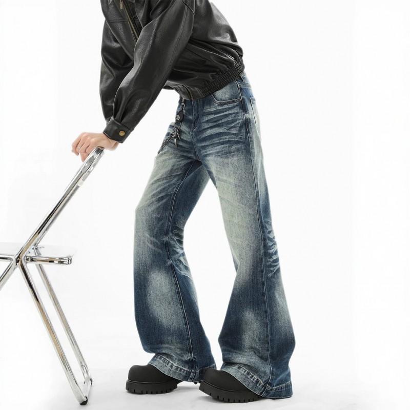 Mens Blue Washed Denim Jeans Slim Flare Vintage Streetwear Pants
