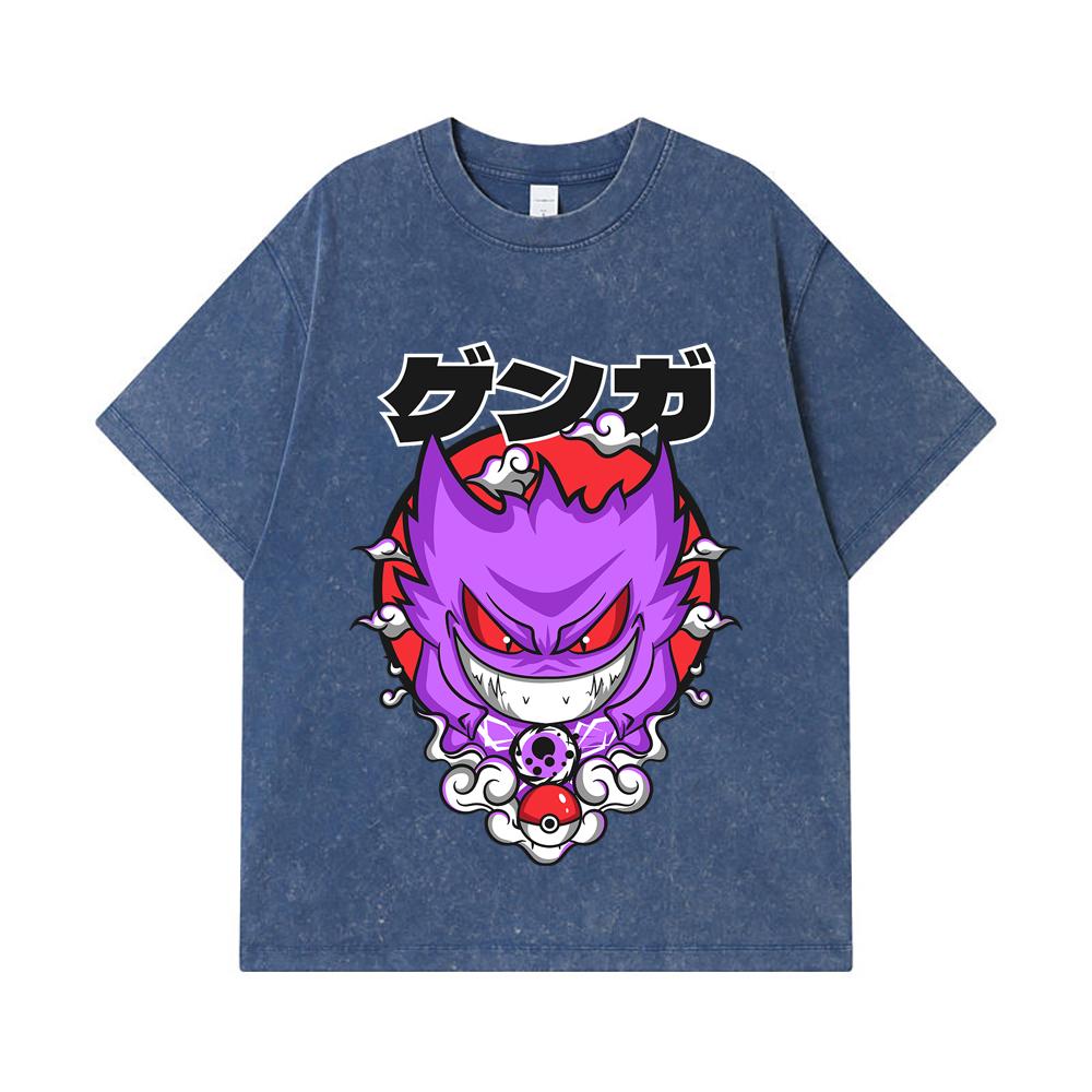 275 GSM Washed T-shirts 100% Cotton Pokemon V10 Gengar Print Unisex Heavy Cotton T Shirt