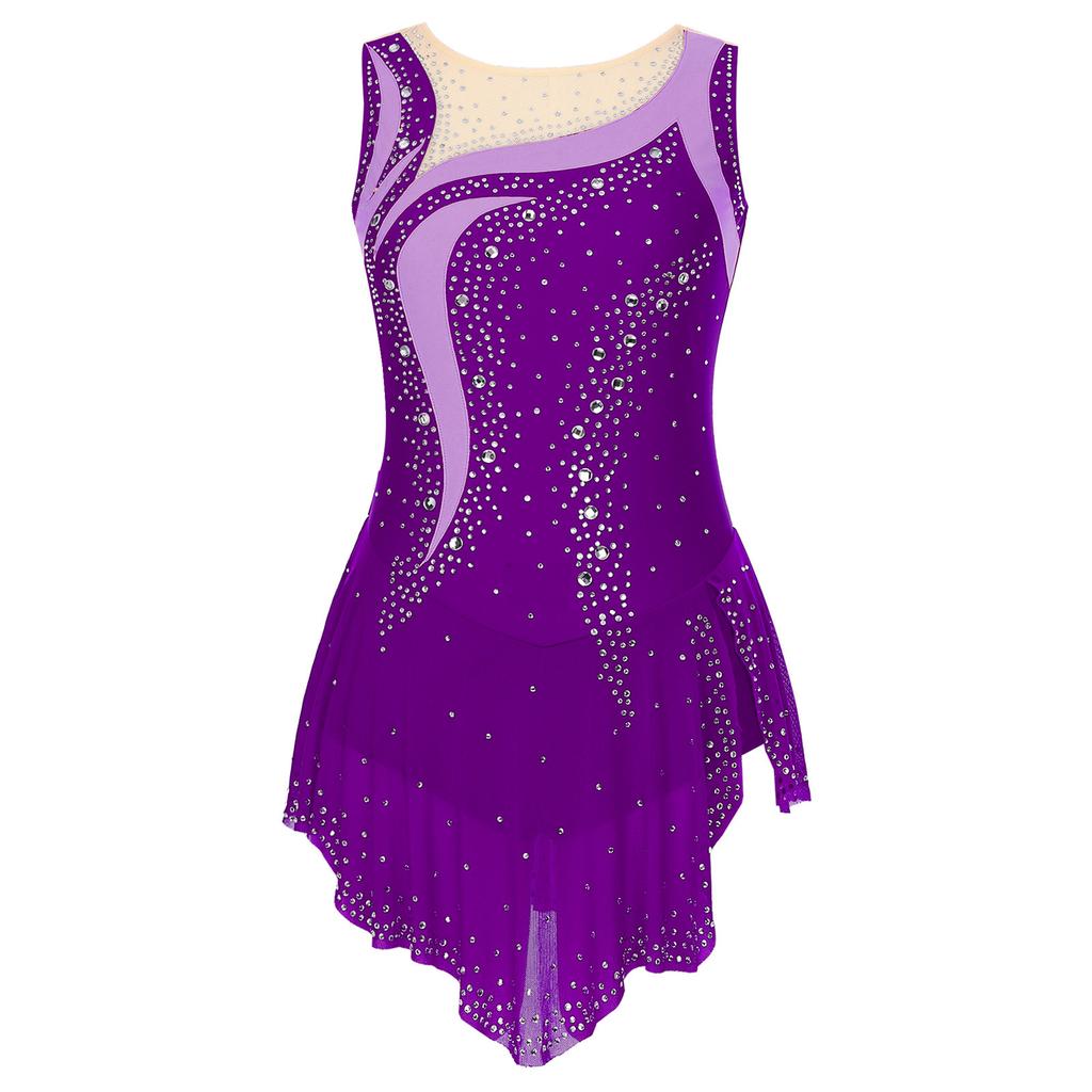 Женский купальник для художественной гимнастики с круглым вырезом, без рукавов, контрастной расцветки, пэчворк, стразы, юбка с высоким разрезом
