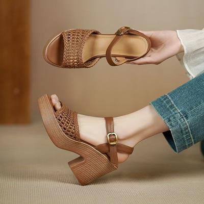 Модные Элегантные Женские Плетеные Босоножки на Высоком Каблуке 2025 Лето Массивные Босоножки на Платформе Женские Повседневные Пляжные Туфли для Отпуска
