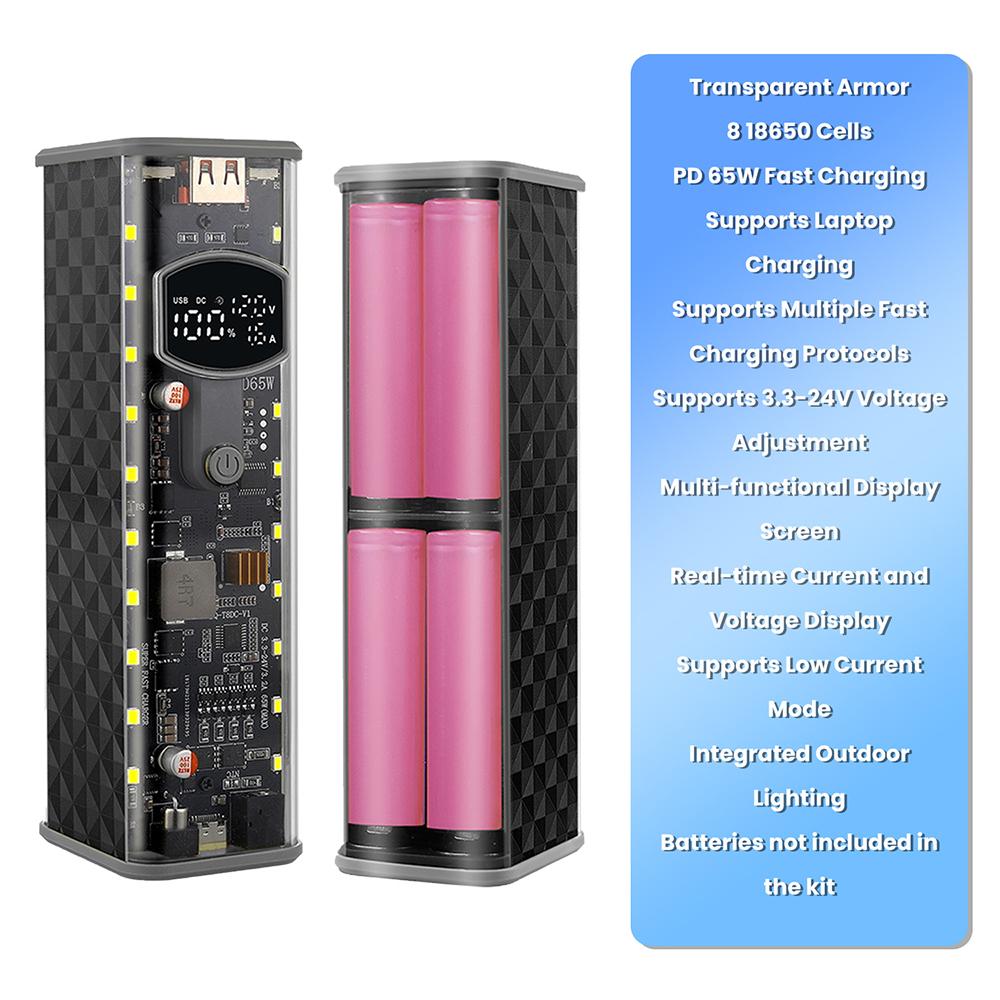Корпус для DIY Power Bank, 65 Вт PD 45 Вт Super Fast Charging, без пайки, 8 ячеек для аккумуляторов 18650, двойной выход USB Type-C