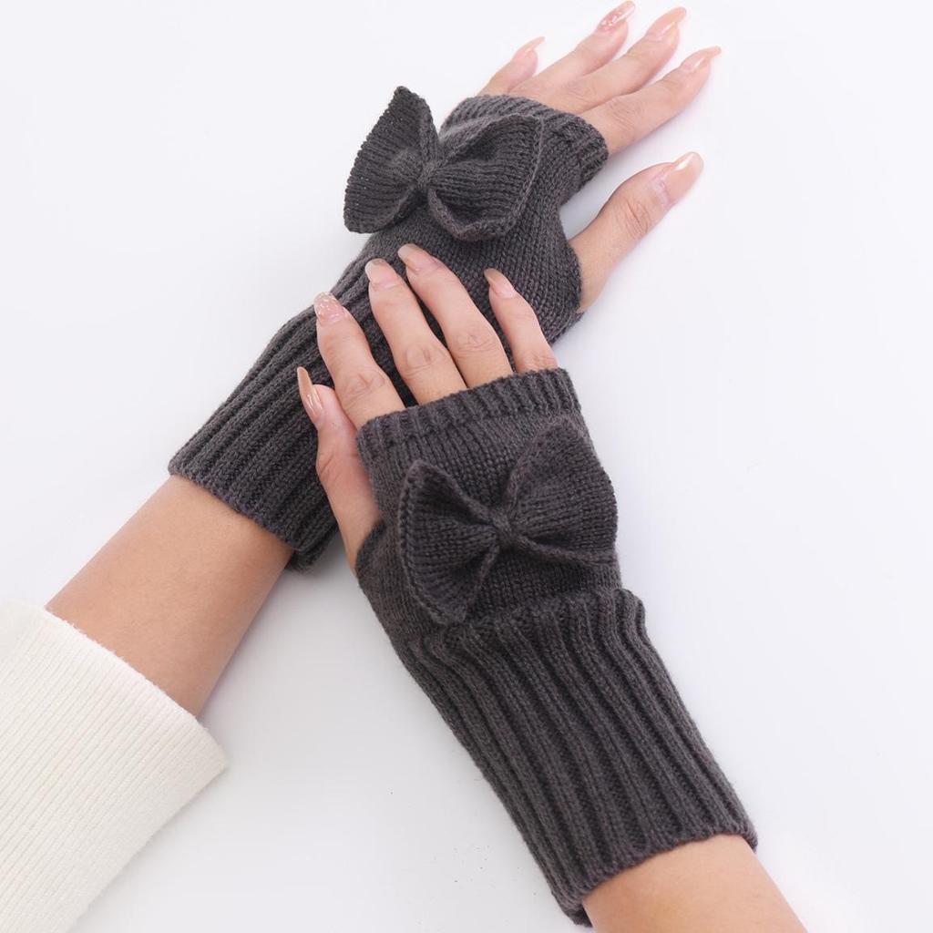 New Autumn and Winter Women's Bow Cute Fashion Gloves Knitted Warm Half Finger Fingerless Gloves