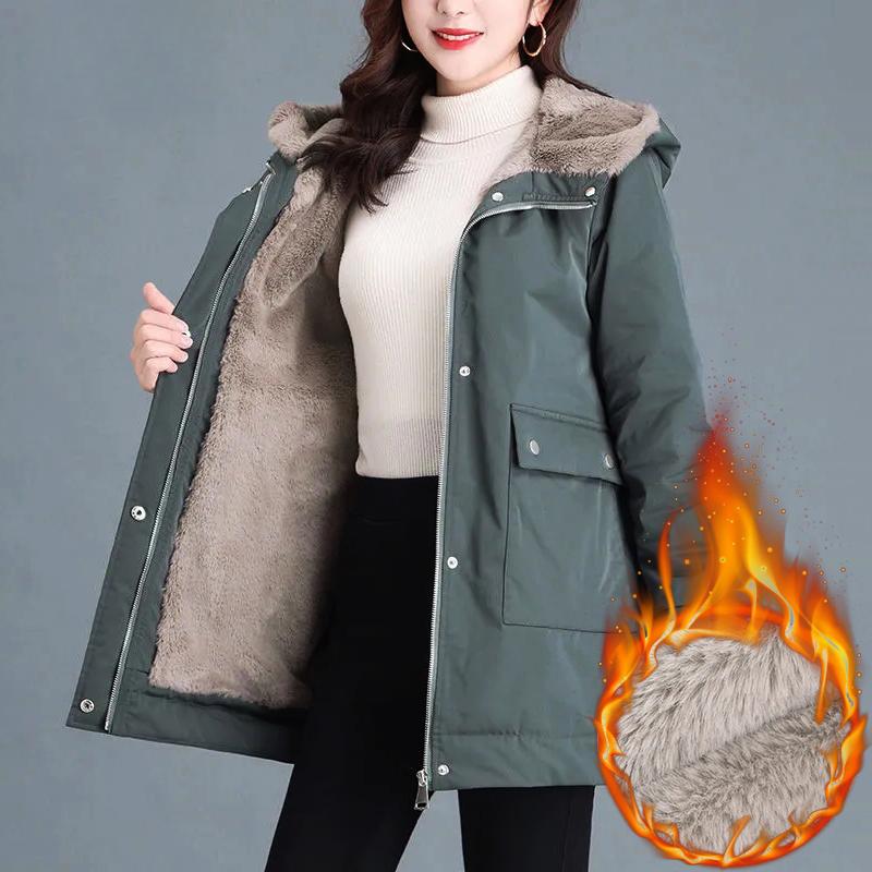 Winter Jacket Women Casual Warm Padded Coats  Snow Wear Plush Parka Mid-Length Loose Hooded Velvet Lined