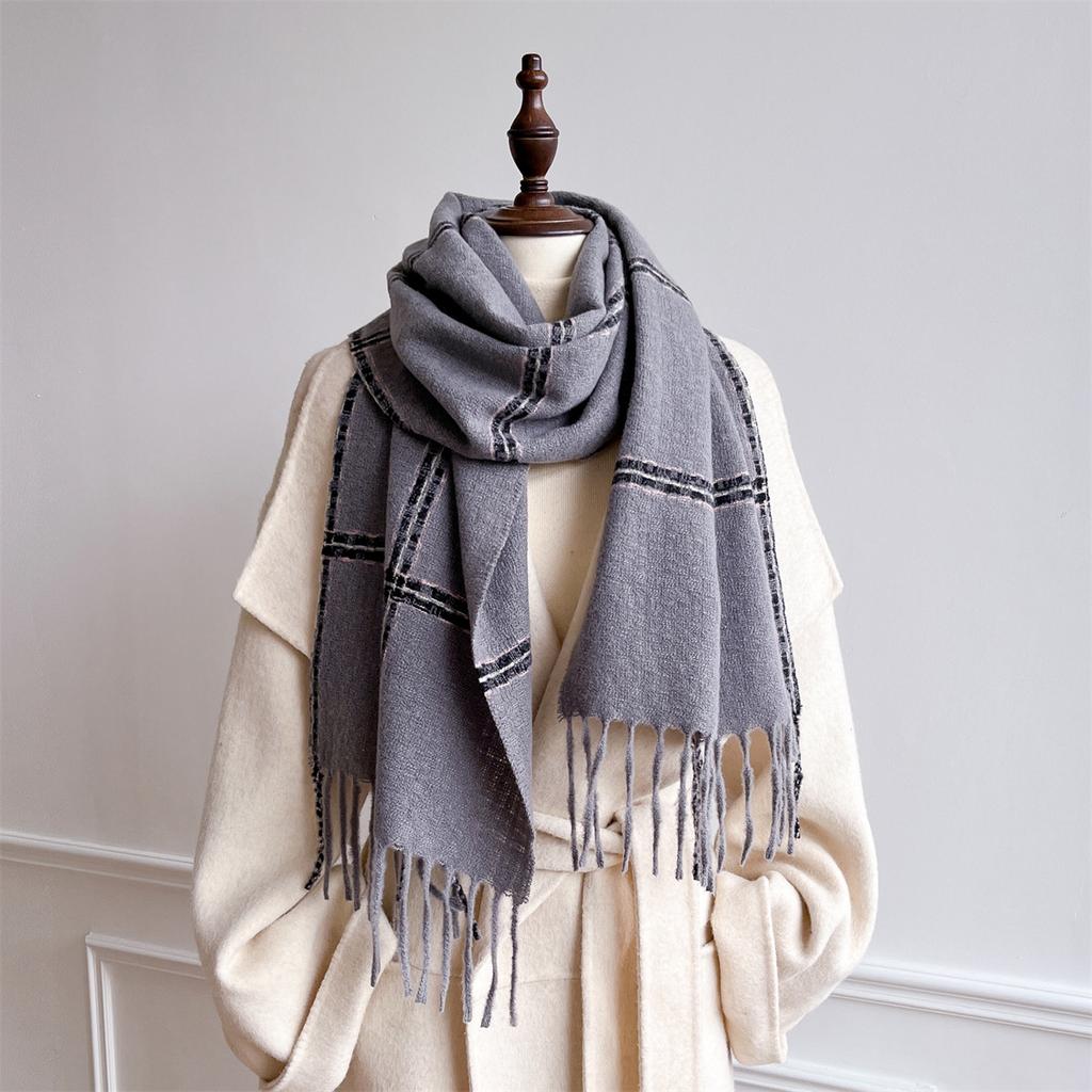 White Plaid Polyester Fringed Scarf Female Autumn And Winter Couple Warm Versatile Skin-Friendly Atmosphere Scarf
