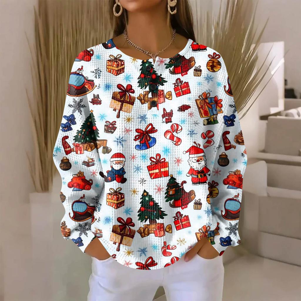 Women's Fashionable Casual Christmas Print V-Neck Long-Sleeved Button-Down Blouse