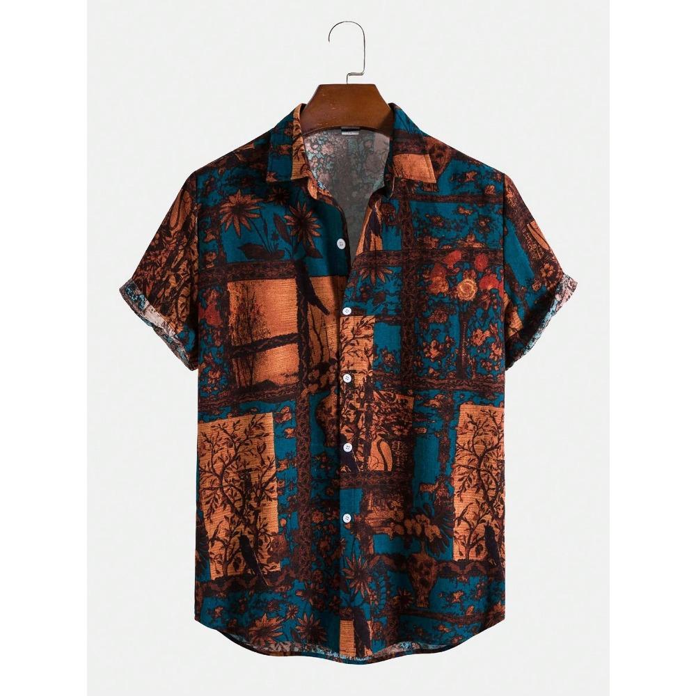 Мужская летняя ретро-сорочка с ботаническим цветочным принтом, модная повседневная рубашка с коротким рукавом