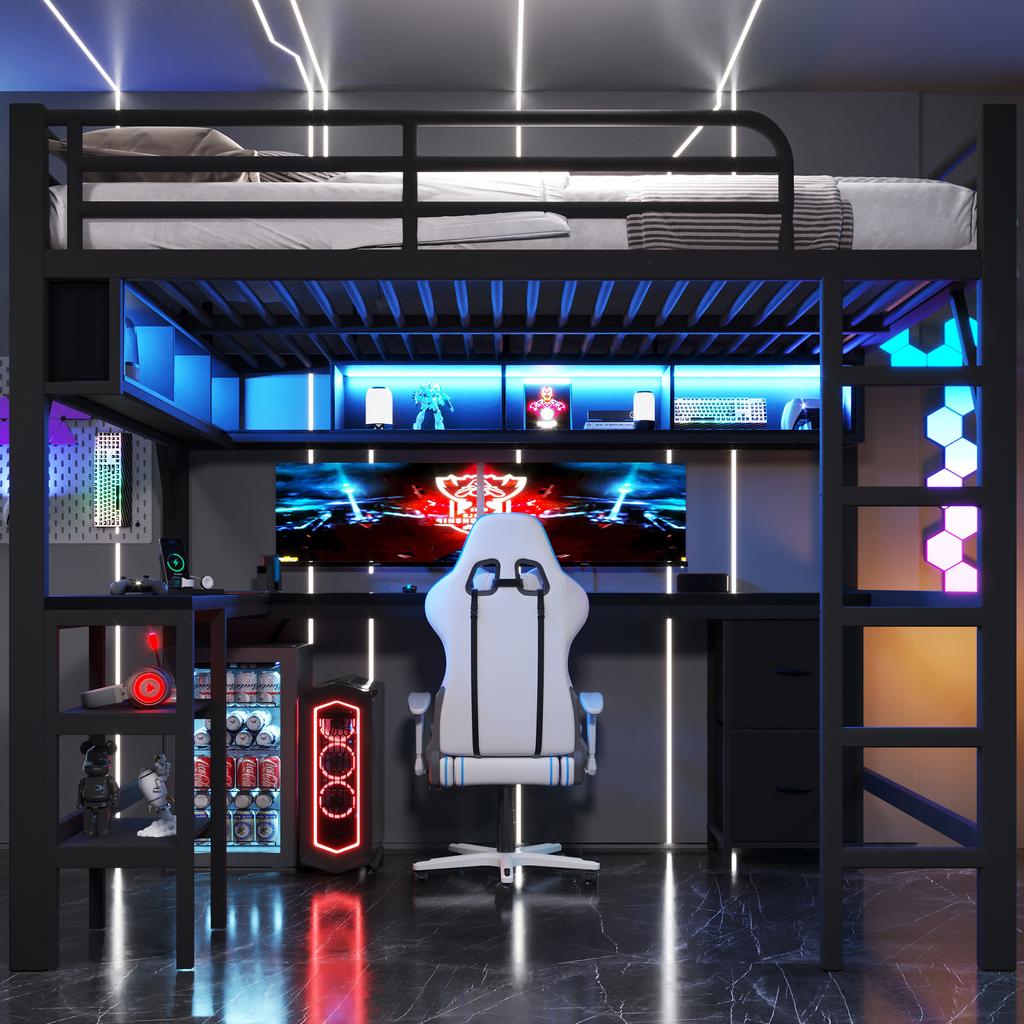 Metal loft bed for gaming (140 x 200 cm) with bookshelf, desk, cabinet, USB and LED lighting, black