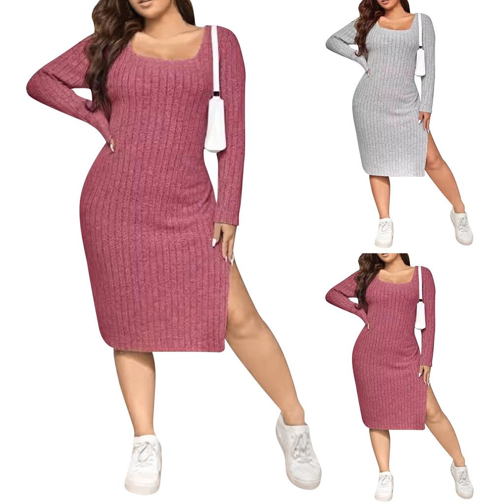 Large Size Long Sleeved Square Neck Slit Knitted Long Dress For Women