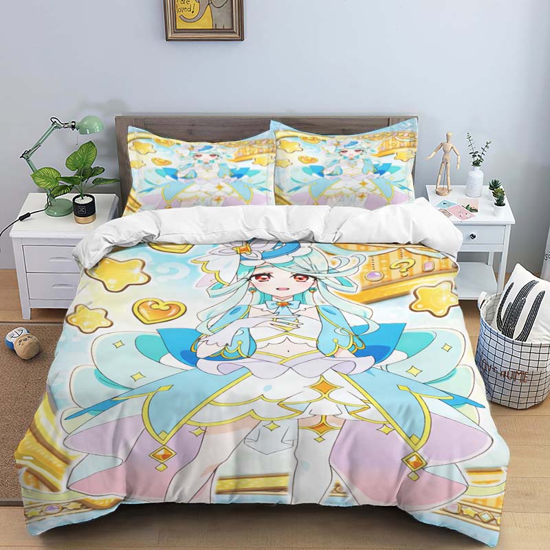 Трехсекционный постельный комплект Pretty Cure, включающий пододеяльник и две наволочки, — идеальный выбор для праздника.