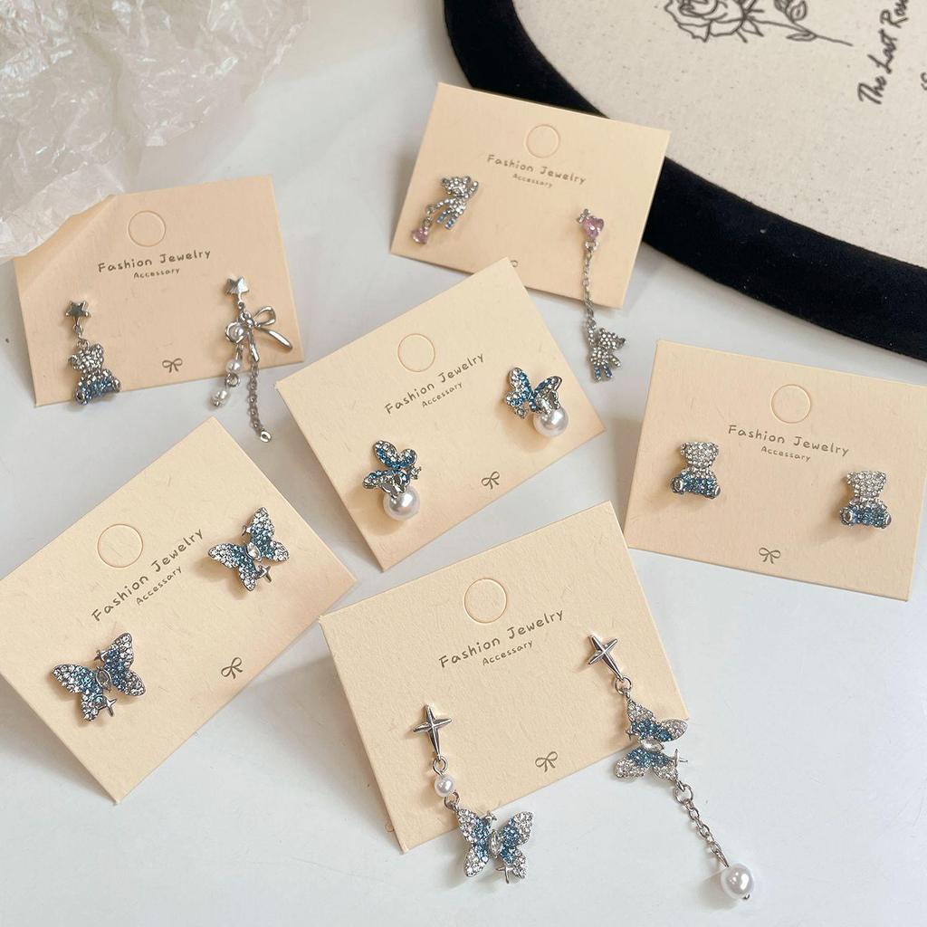 Корейские серьги-медведи с голубыми бриллиантами для женщин: Серебряная игла, элегантный дизайн в виде бабочки