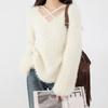 Winter V-neck Sweater For Women Gentle Straps Loose Sweet Lazy Style Pullover Knitwear Irregular Japan Style Fashion Knitted Top