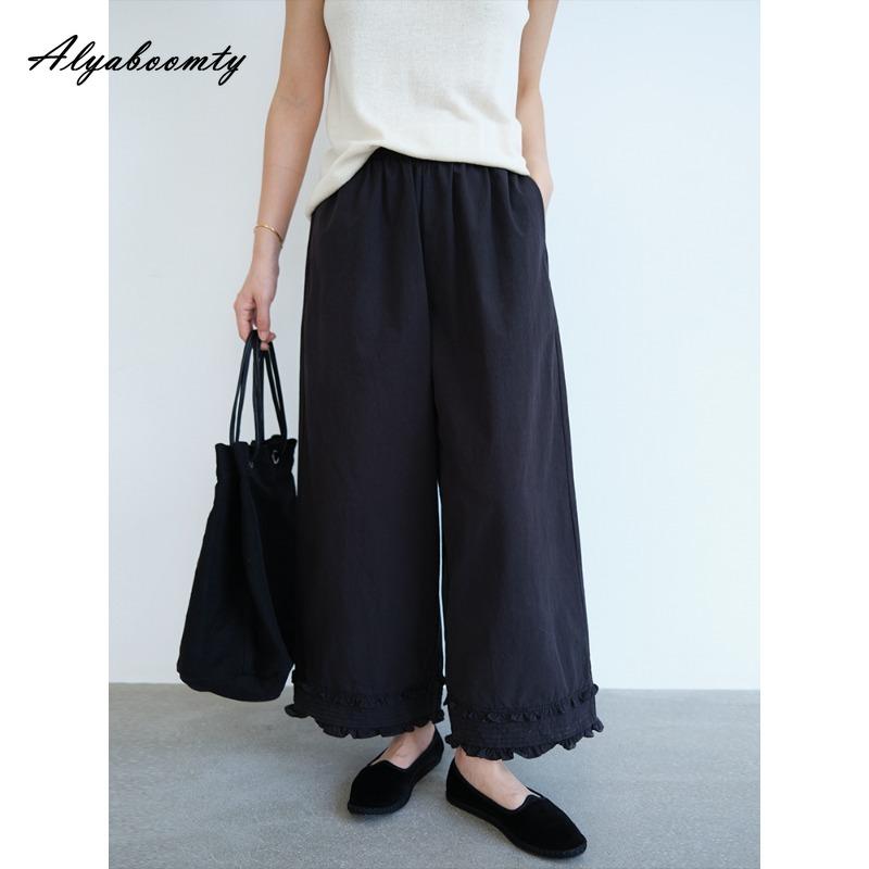 Корейская мода весна-лето женские широкие брюки с высокой талией черные белые базовые хлопковые капри повседневные свободные брюки с оборками