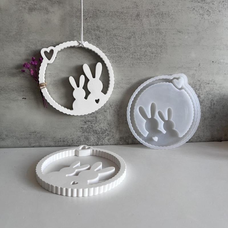 Silicones Mold Hollowed Easters Wreath Bunnies Wall Pendants Resins Epoxy Mold Charm Casting Mold for Front Door Decors