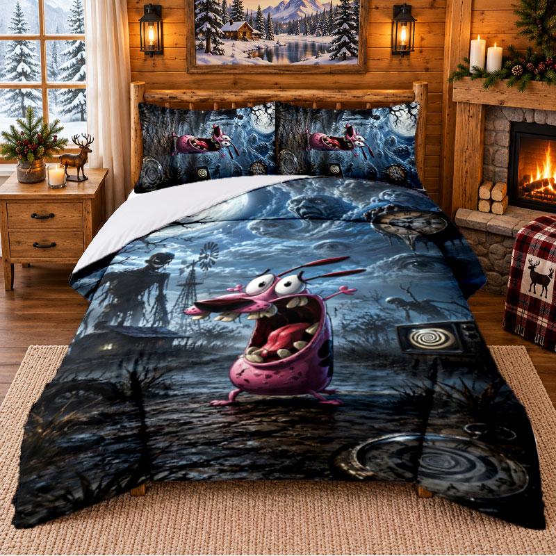 Courage the Cowardly Dog Pattern Bedding 3Pcs Set Bed Sheet And Pillowcases For Indoor Bedroom