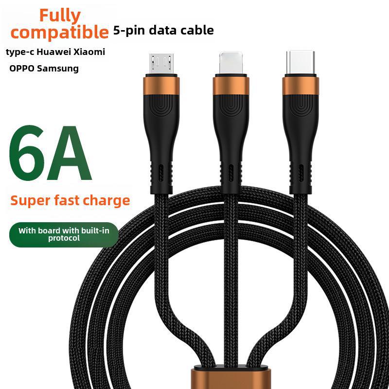 Кабель для передачи данных 6A 3-в-1, сверхбыстрая зарядка 100 Вт для Apple, Android, Type-C и ноутбуков с функцией быстрой зарядки PD