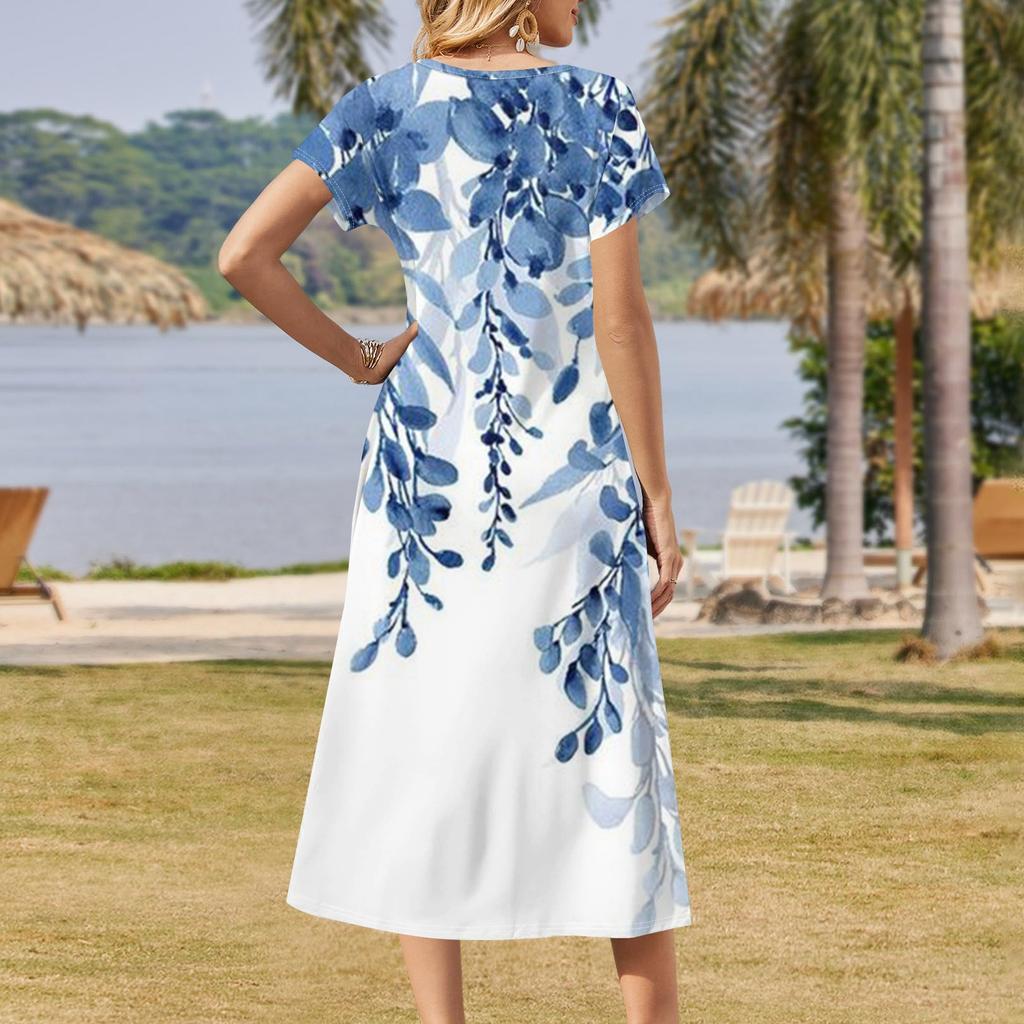 Women's Summer Floral Print Dress Short Sleeve Beach Dress With Pocket Casual V-neck Hem Side Slit Dress