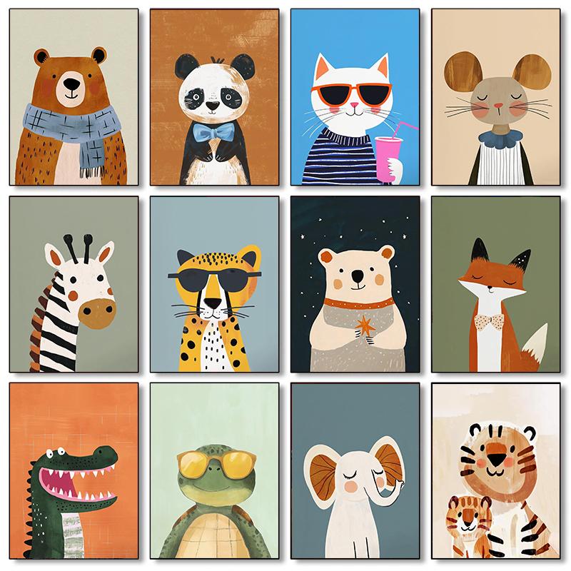 Забавные Милые Мультяшные Животные Минималистичные Скандинавские Постеры Принты Холст Живопись Настенное Искусство Картина Гостиная Детский Сад Домашний Декор