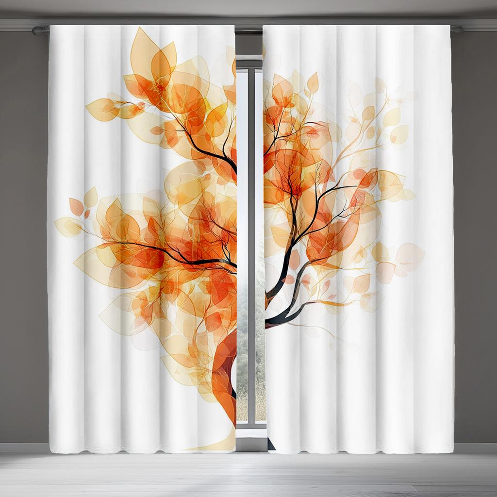 2Pc Orange Leaf Print Curtains, Polyester Fabric, Machine Washable, Suitable For Living Room/Bedroom Decoration
