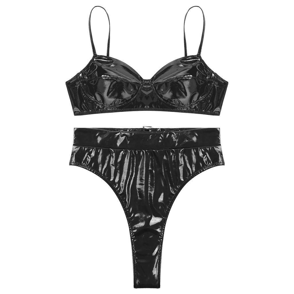 Комплект женского нижнего белья из 2 предметов из лакированной кожи с мокрым эффектом без косточек, бюстгальтер без подкладок, комплект из топа и трусов, клубная одежда