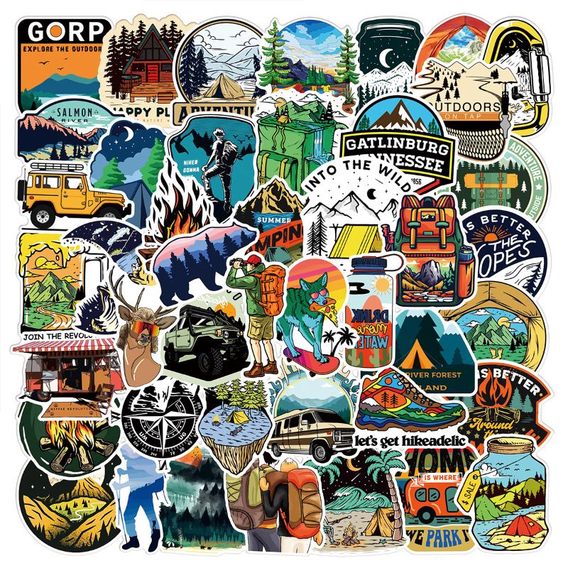 Forest Camping Stickers Cartoon Hiking Outdoor Scenery Decals for Laptop Luggage DIY Decoration 50pcs Set